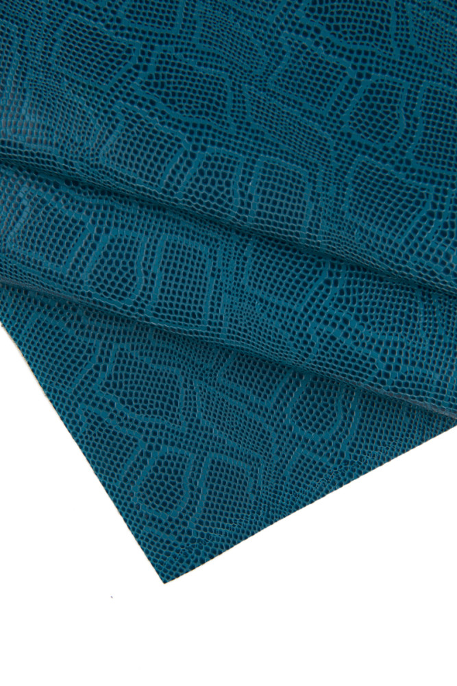 Petroleum BLUE python embossed leather hide, glossy reptile printed cowhide, snake print on soft calfskin 1.1 - 1.3 mm