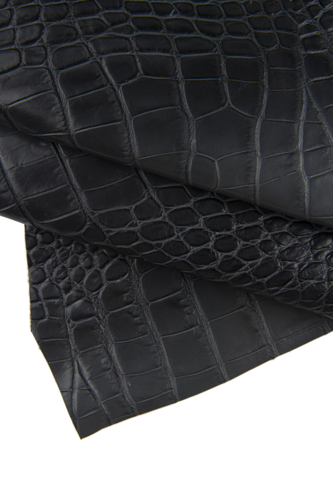 Black CROCODILE embossed leather hide, croc printed glossy cowhide, black classic printed calfskin, medium softness