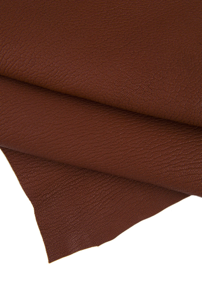 Reddish brown GOATSKIN, brick red tiny pebble grain printed skin, soft thick leather hide, 1.8 - 2.0 mm