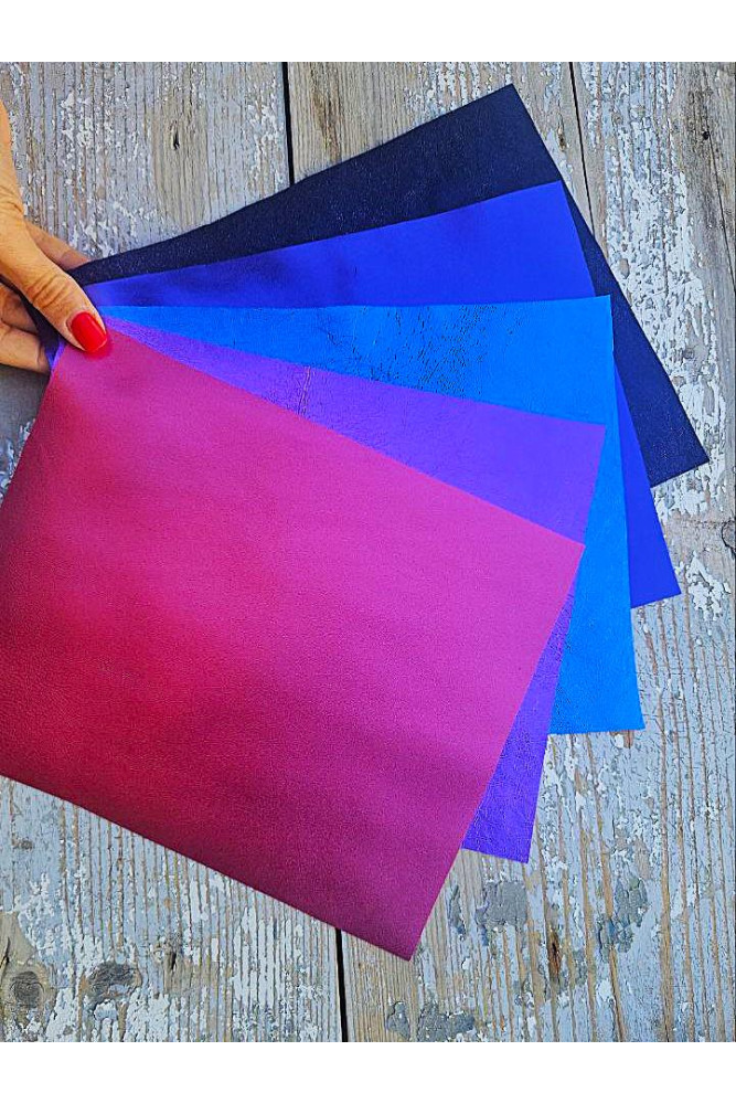 5 Selected leather scraps, BLUE, PURPLE and PINK tones, metallic mix selection leather pieces as per pictures 10x8" / 25x20 cm