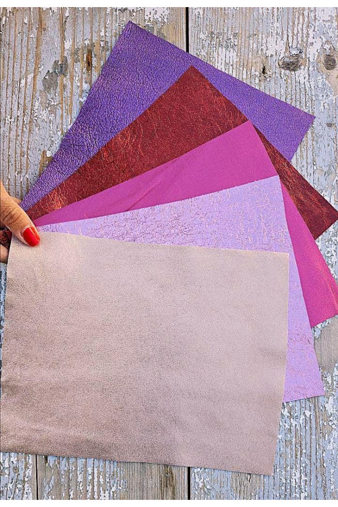 5 Ritagli di pellami unici selezionati, toni ROSSO, ROSA e VIOLA, laminati, pezzi mix di colori come da foto 25x20 cm