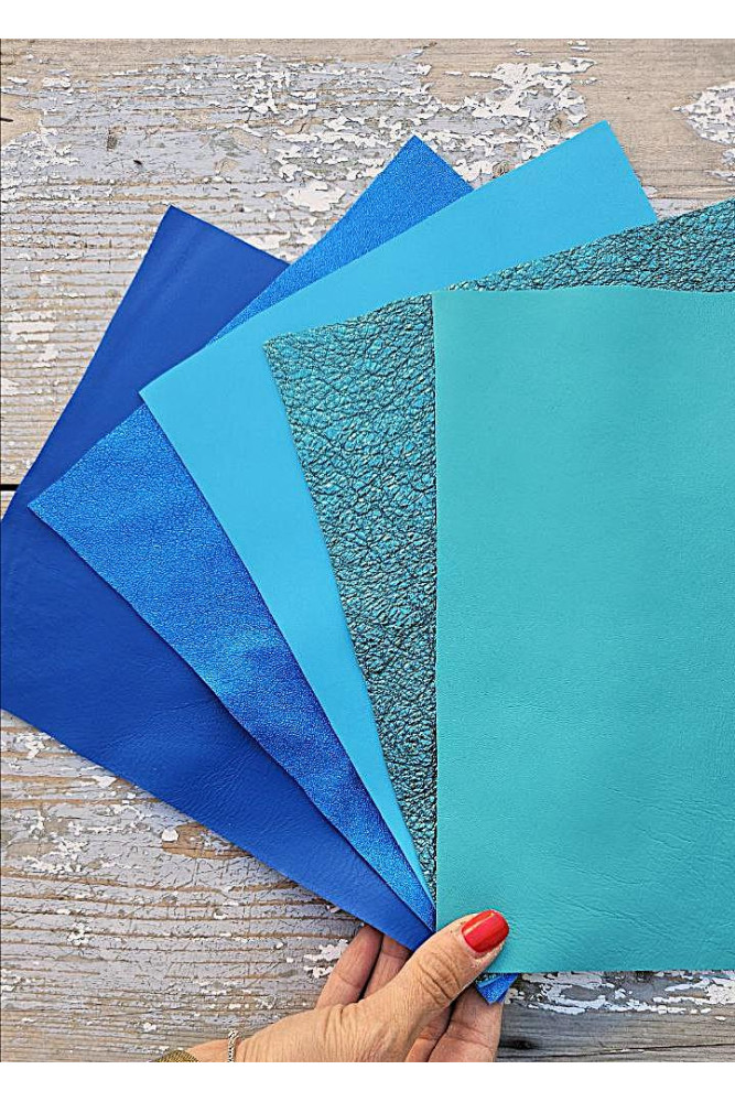 5 Selected leather scraps, GREEN and BLUE tones, metallic mix selection leather pieces as per pictures 10x8" / 25x20 cm