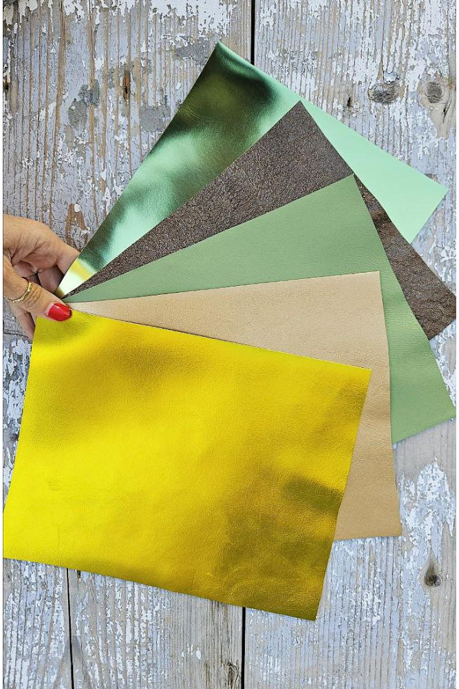 5 Selected leather scraps, GREEN, YELLOW and GOLD tones, metallic mix selection leather pieces as per pictures 10x8" / 25x20 cm