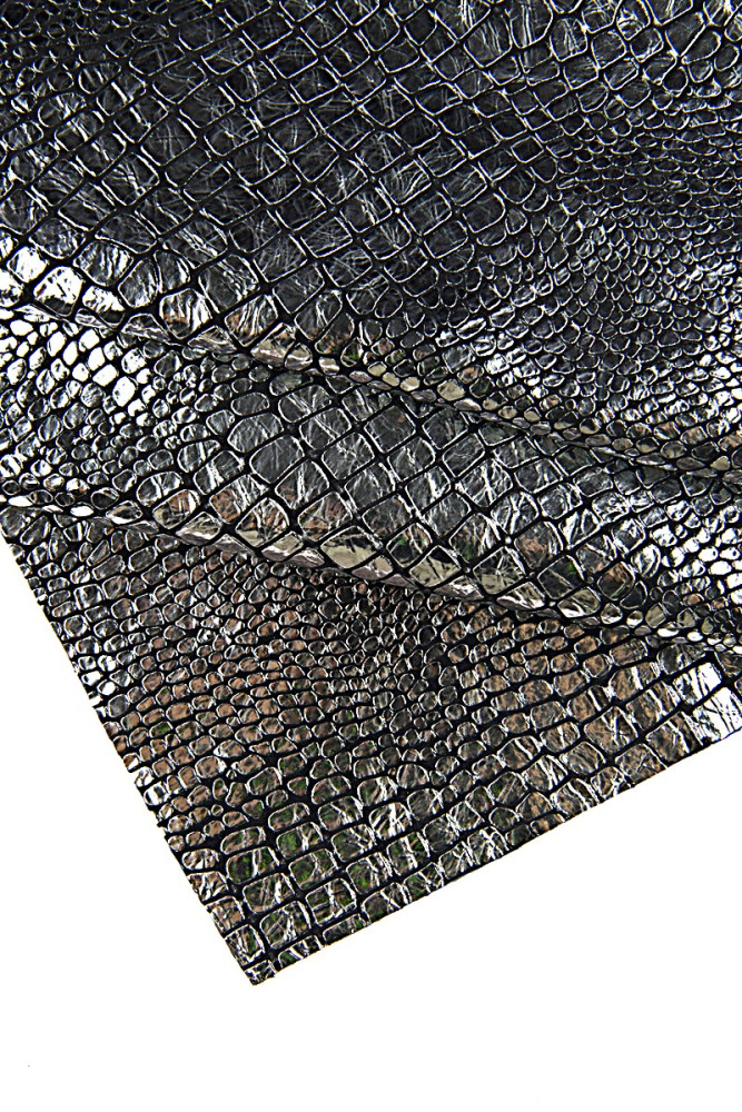 Steelmetal CROCODILE printed leather hide, soft metallic wrinkled cowhide, croc embossed calfskin