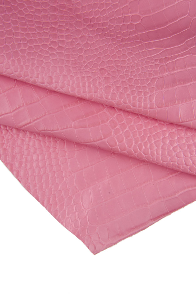 PINK crocodile embossed leather hide, soft semi glossy cowhide, croc printed calfskin, 0.8 - 0.9 mm