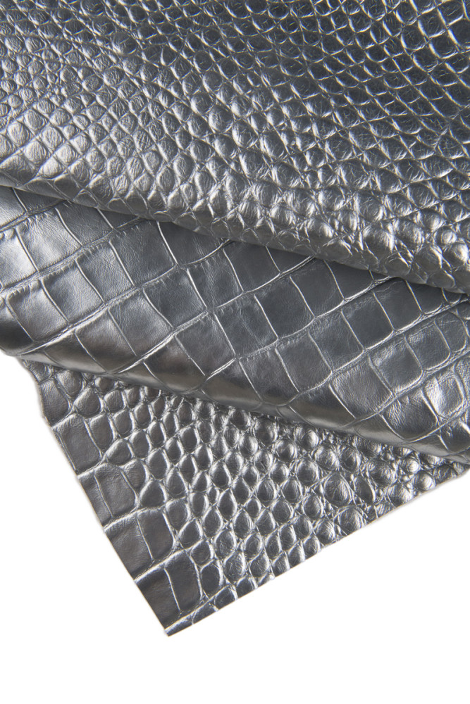 SILVER crocodile embossed leather hide, metallic croc printed calfskin, glossy soft metallic cowhide 0.7 - 0.8 mm