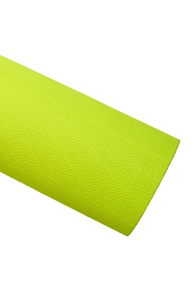 NEON yellow embossed leather hide, saffiano like printed cowhide, fluo yellow calfskin 1.3 - 1.6 mm