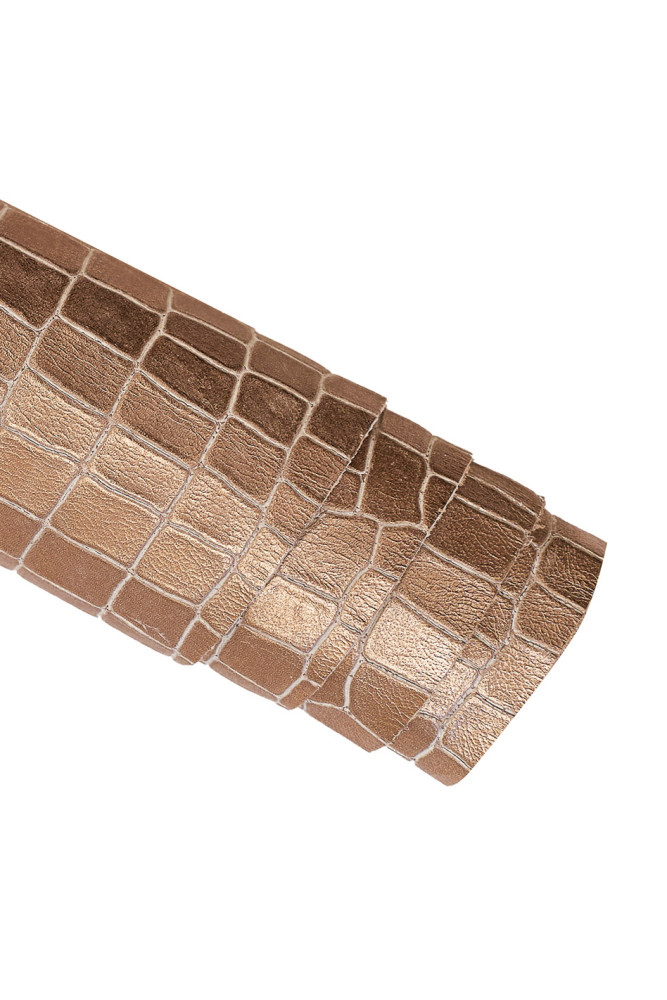 Copper CROCODILE embossed cowhide, croc printed calfskin, pink soft metallic cowhide, 0.8 - 1.0 mm