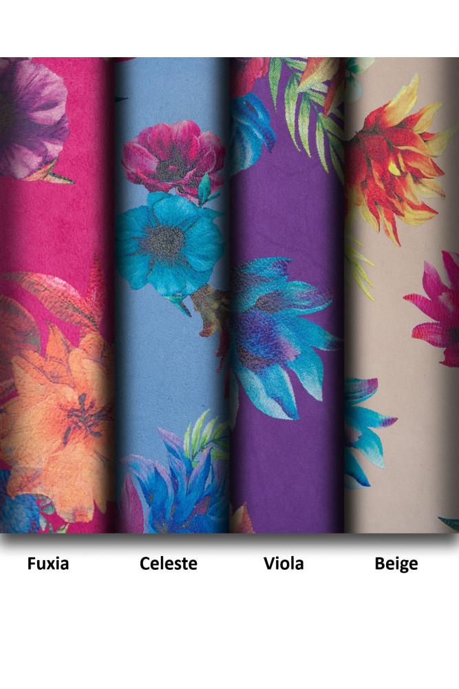 Pelle stampa FLOREALE multicolor, capra scamosciata con disegno fiori colorati, pellame di camoscio morbido stampato