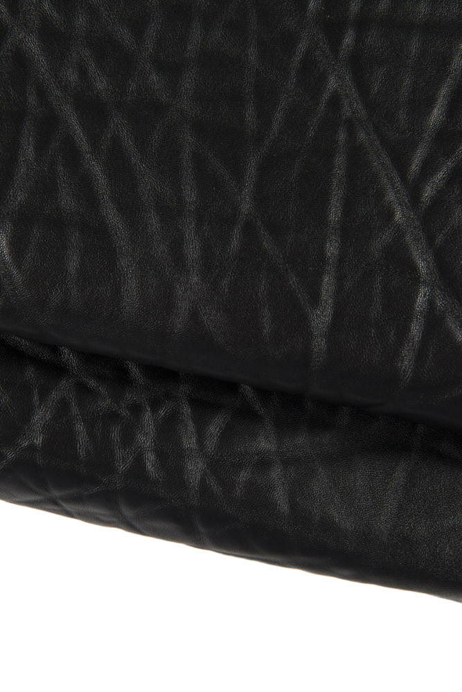 BLACK thick LEATHER hide, sporty wrinkled printed goatskin, black soft skin, 1.9 -2.1 mm