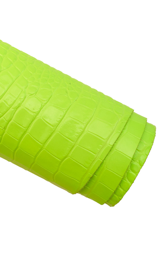 FLUO yellow crocodile embossed cowhide, very glossy and stiff croc printed clfskin, neon yellow leather hide 0.9 - 1.0 mm