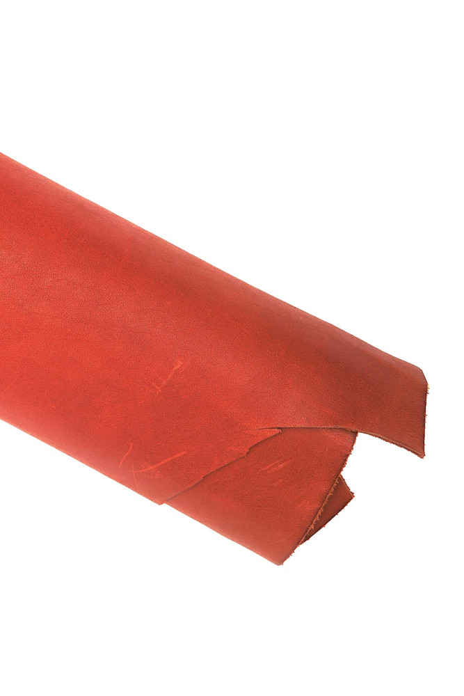 Orange sporty leather hide, VEGETABLE tanned slightly wrinkled cowhide, glossy soft calfskin, 1.1-1.3 mm