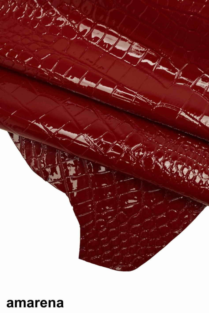 RED EMBOSSED crocodile leather hides, croc printed patent sheep skin,  glossy super soft Italian skins B12799-ST