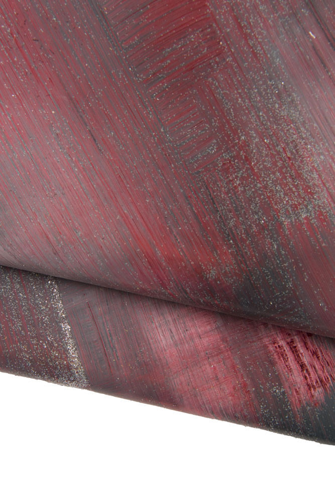 Metallic GLITTER leather skin, red black laminated goatskin, hand painted brushstroke pattern on hide