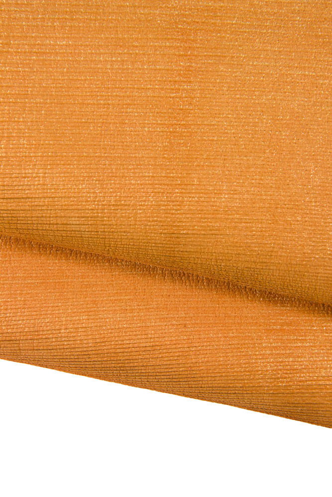 Luxorious orange CARVED leather hide, gold metallic stripe peinted vintage distressed soft cowhide for crafting