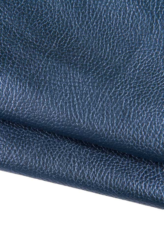 Blue METALLIC leather skin, pebble grain printed leather hide, blue glossy soft lambskin 0.6 - 0.7 mm