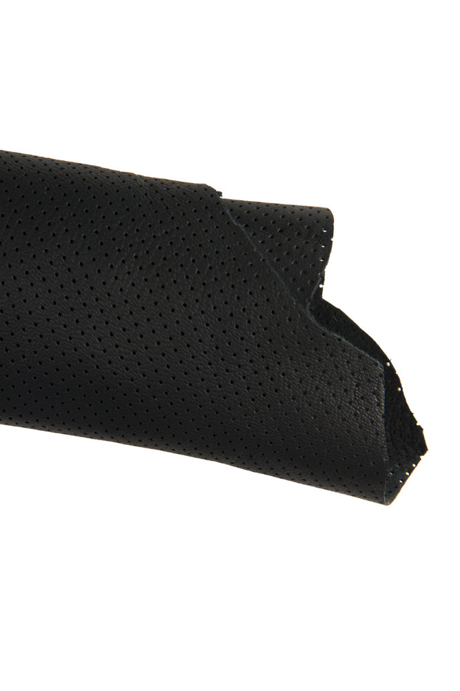 Black PERFORATED leather skin, soft semi glossy pierced sheepskin, printed lambskin 0.6 - 0.7 mm