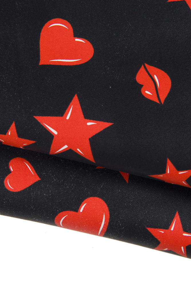 Hearts STARS lips textured leather skin, black red printed sheepskin, soft lambskin