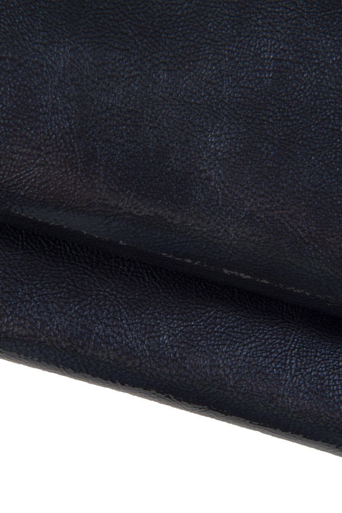 BLUE glossy leather skin, printed pebble grain on patent goatskin, soft wrinkled hide 1.2 - 1.3 mm