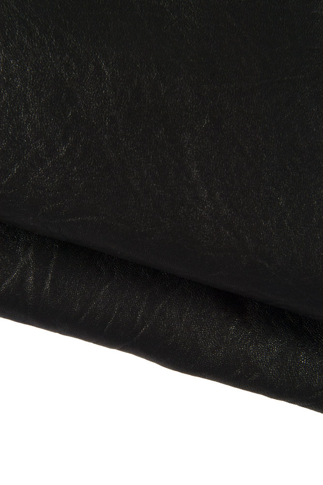 Black semi glossy LEATHER skin, washed sheepskin with irregular grain, silky semi glossy lambskin, 1.6 - 1.8 mm