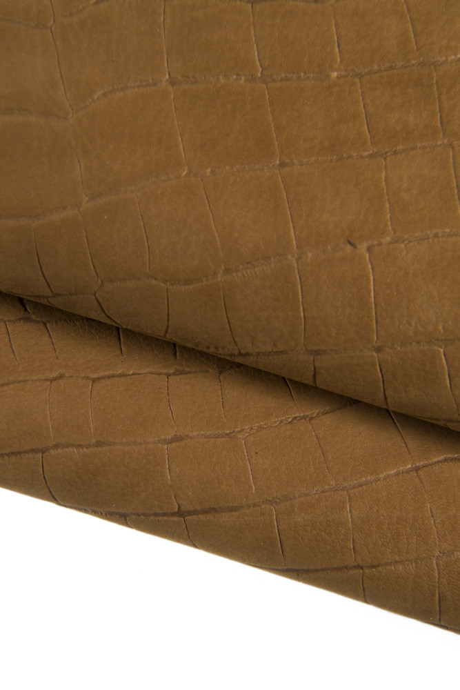 Brown CROCODILE embossed leather hide, NUBUCK croc printed goatskin soft suede hide 0.6 - 0.7 mm