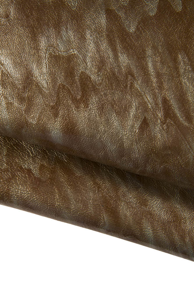 Beige GLOSSY leather skin, wave like printed patent goatskin, wrinkled effect naplack skin, 0.9 - 1.1 mm