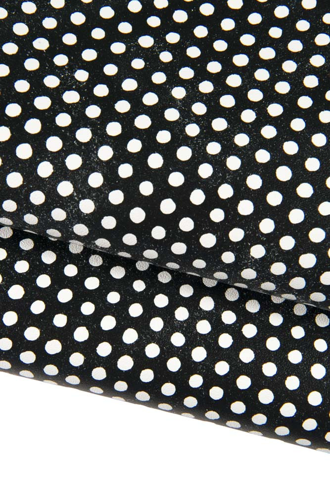 Polka DOTS printed leather skin, black and white textured goatskin