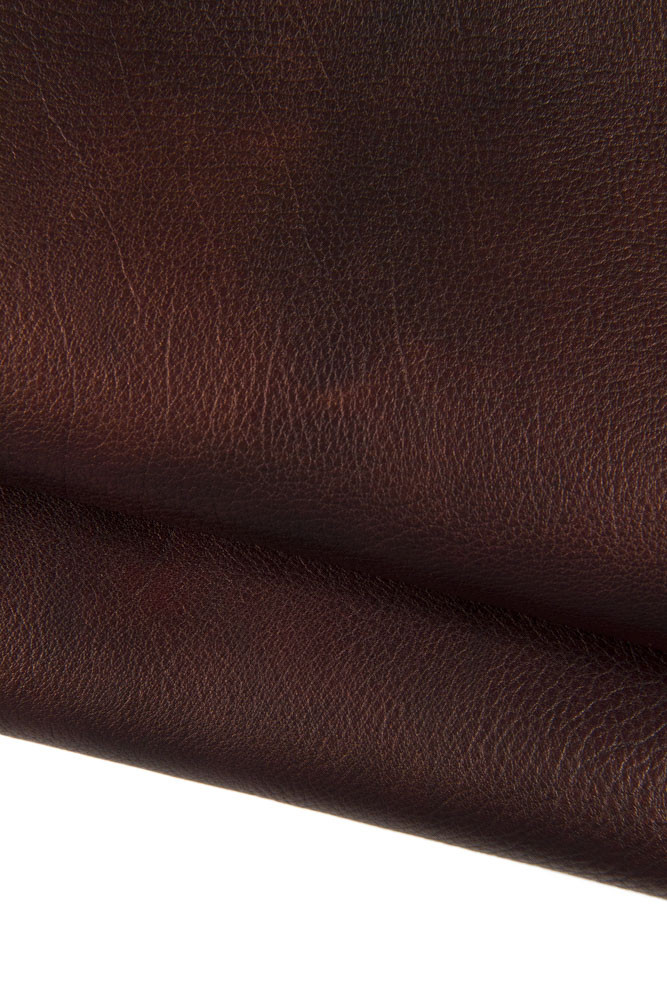 Brown AGED leather skin, sponged pebble grain printed goatskin, sporty soft metallic hide