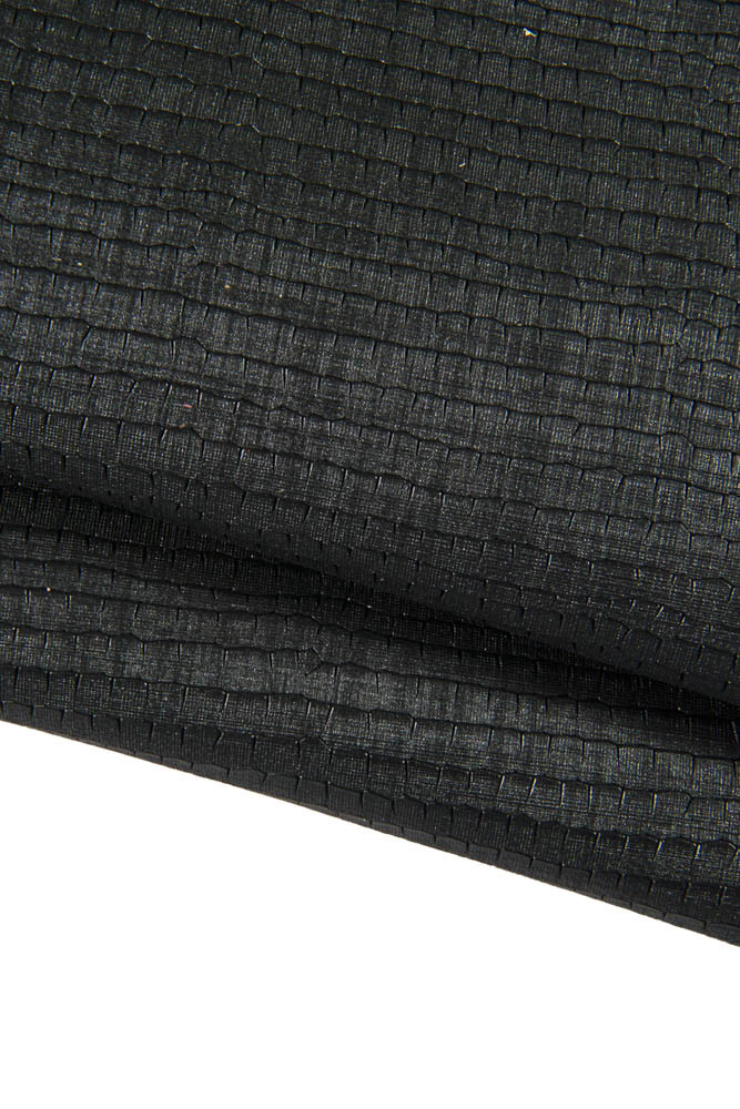 Black CROCODILE printed leather skin, croc embossed goatskin, metallic carved hide, medium softness