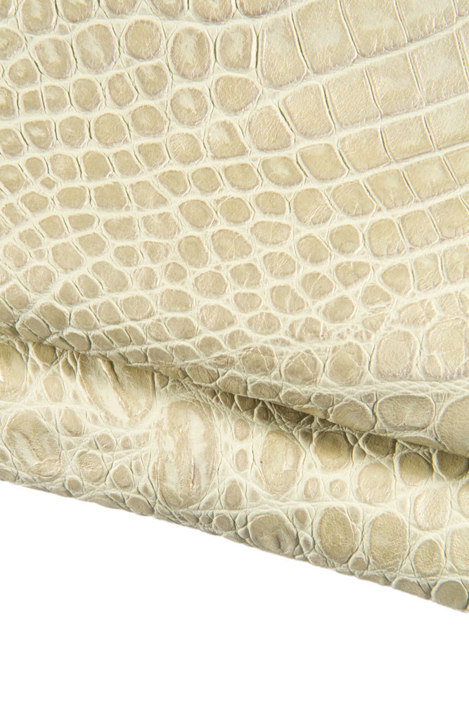 Light gold CROCODILE embossed leather hide, croc printed metallic cowhide, platinum soft aged calfskin