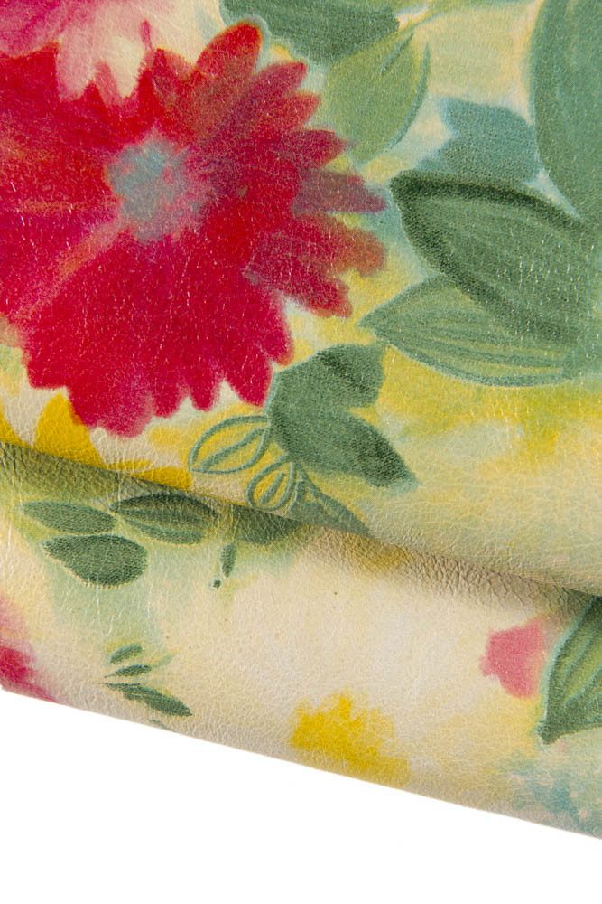 Multicolor FLORAL printed leather skin, flower texture on wrinkled goatskin, colorful glossy soft hide