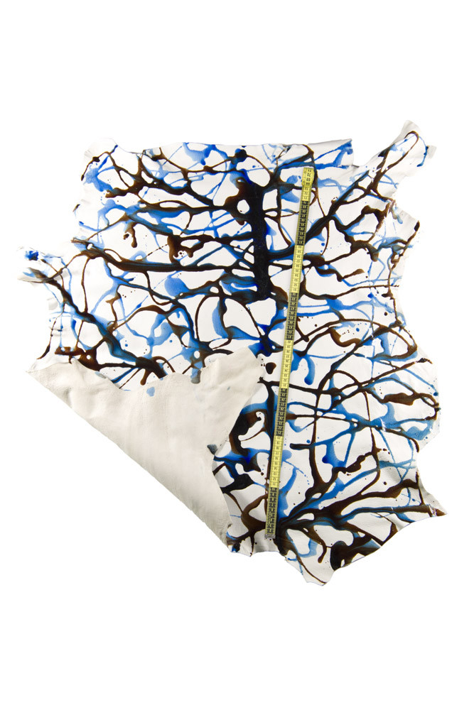 HAND PAINTED leather skin, blue brown sketch texture on white goatskin, POLLOCK printed skin