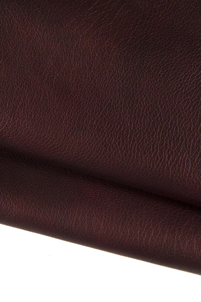 Burgundy AGED leather skin, sponged pebble grain printed goatskin, sporty soft metallic hide