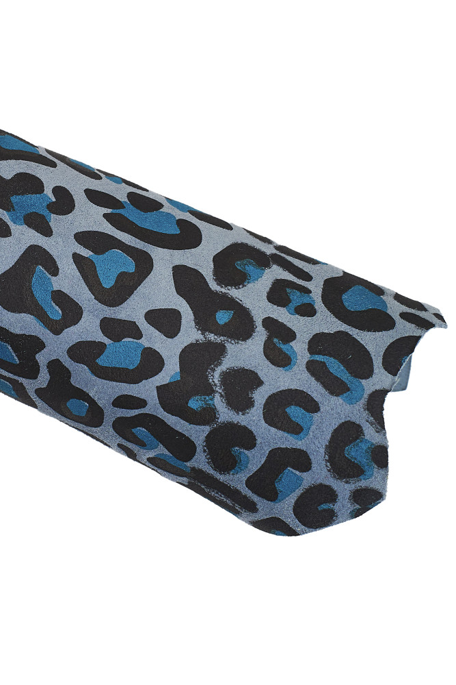 Air force blue black LEOPARD textured leather skin, animal print on soft suede goatskin