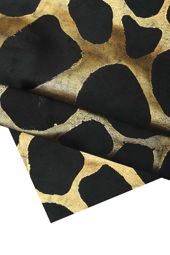 Black gold METALLIC hair on leather hide, GIRAFFE print on soft pony calfskin