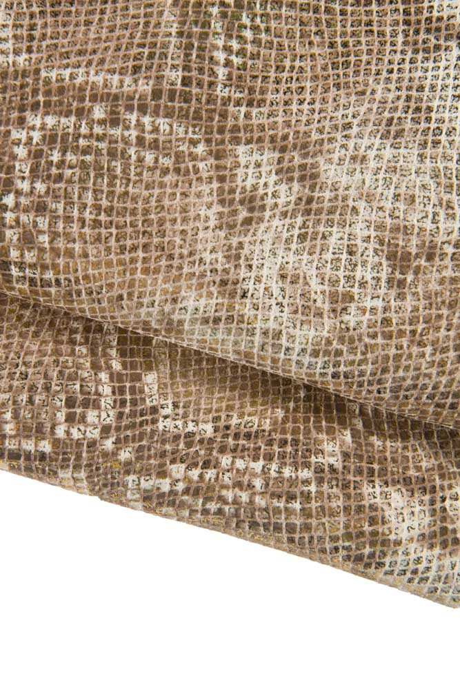 PYTHON printed metallic leather skin, white brown reptile texture on gold metallic goatskin, snake pattern on glossy soft hide