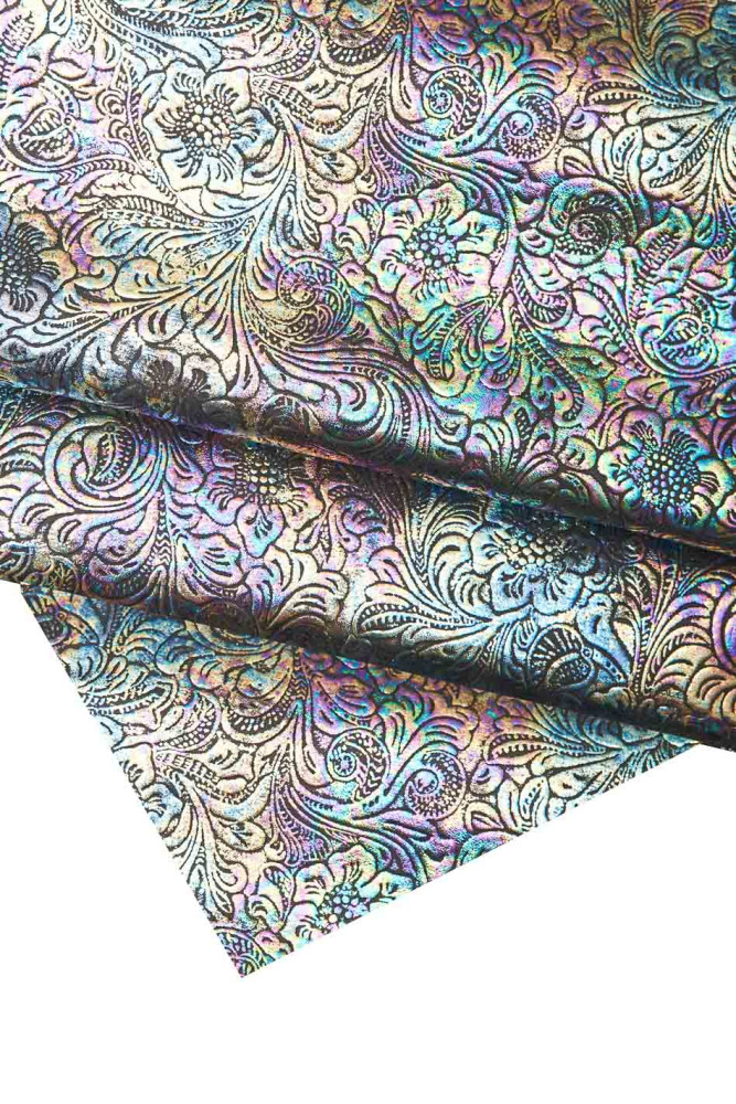 Pelle IRIDESCENTE stampa FLOREALE, vitello metallizzato disegno fiori, pellame multicolor inciso morbido