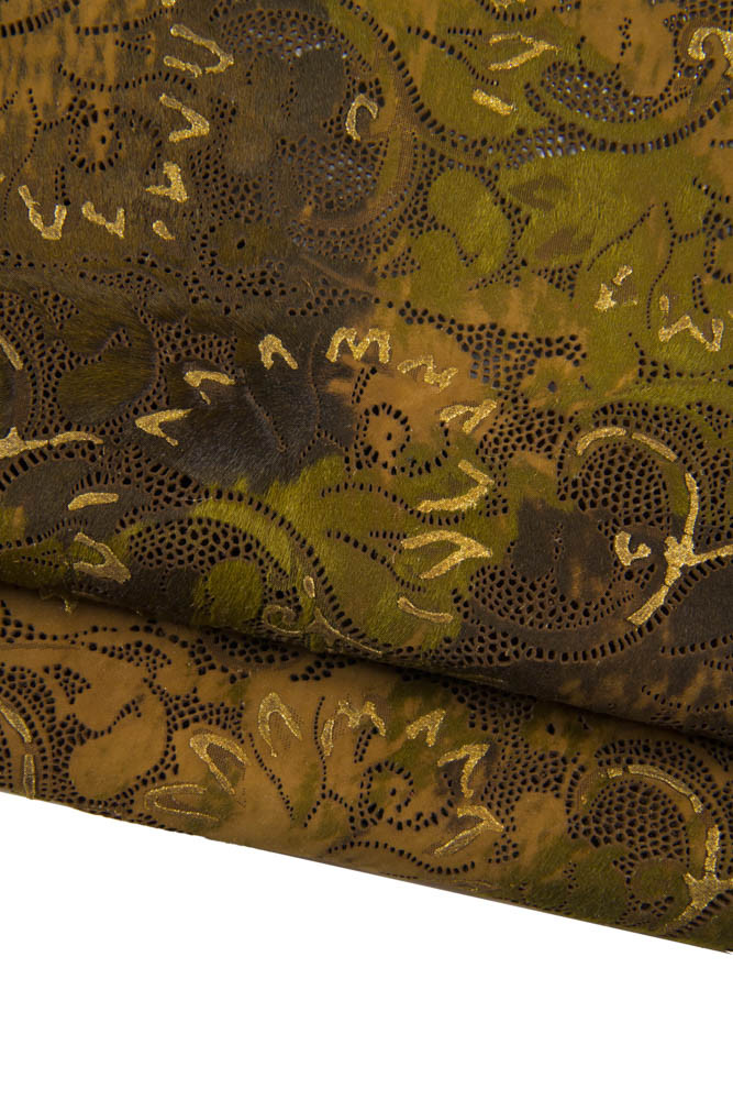 PIERCED leather hide, floral printed pony calfskin, brown green gold flower pattern on hairy cowhide