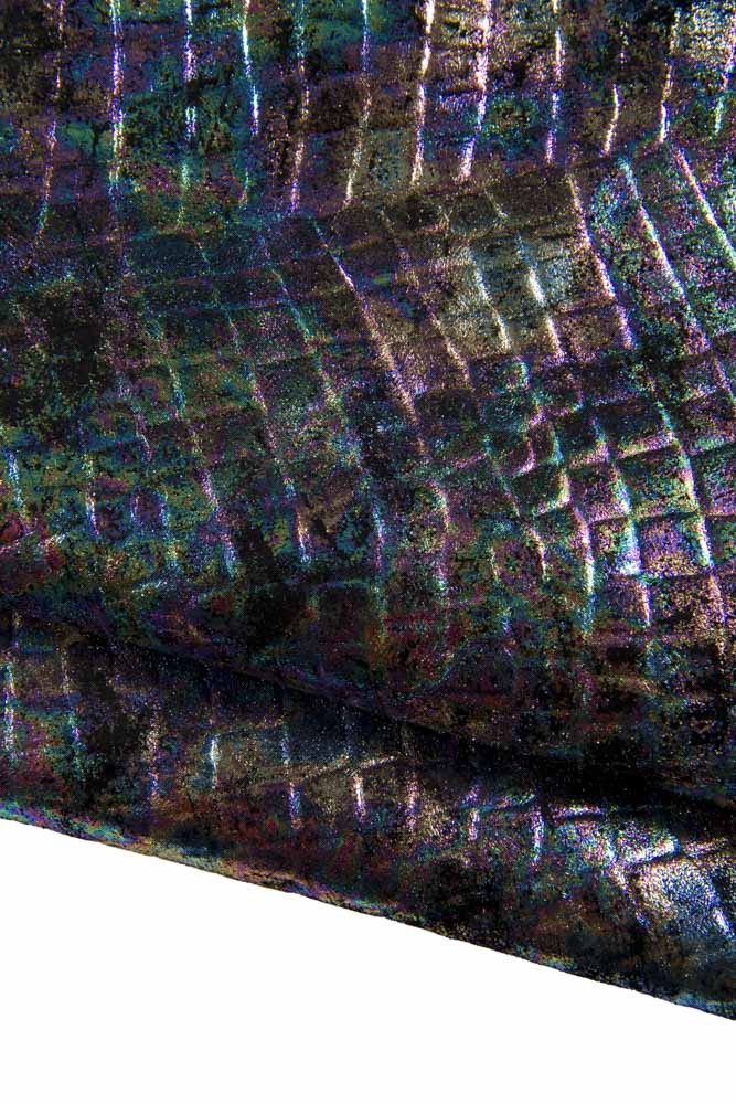 Holographic CROCODILE embossed leather hide, multicolor metallic aged cowhide, super soft iridescent calfskin