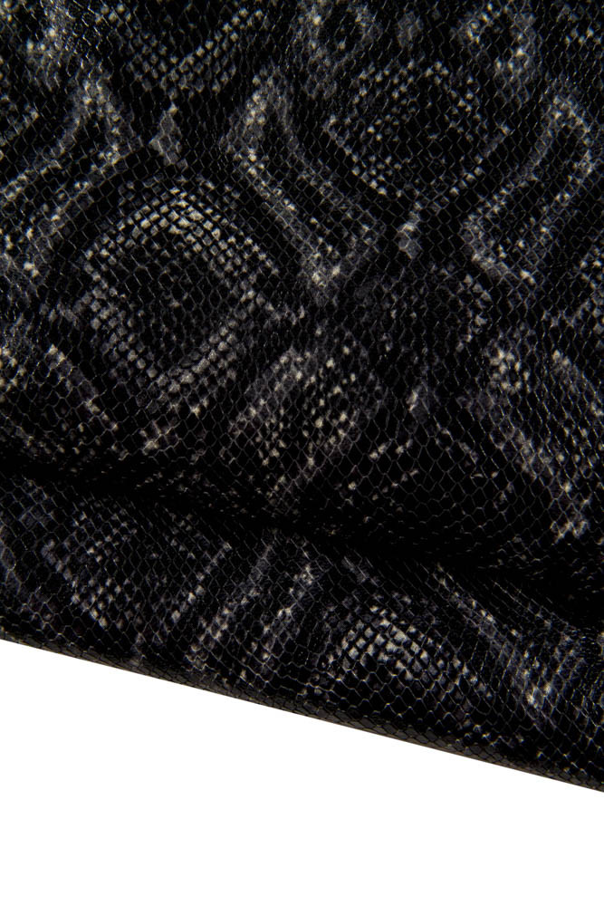 Black grey PYTHON textured leather skin, glossy soft snake printed goatskin, reptile hide for crafters