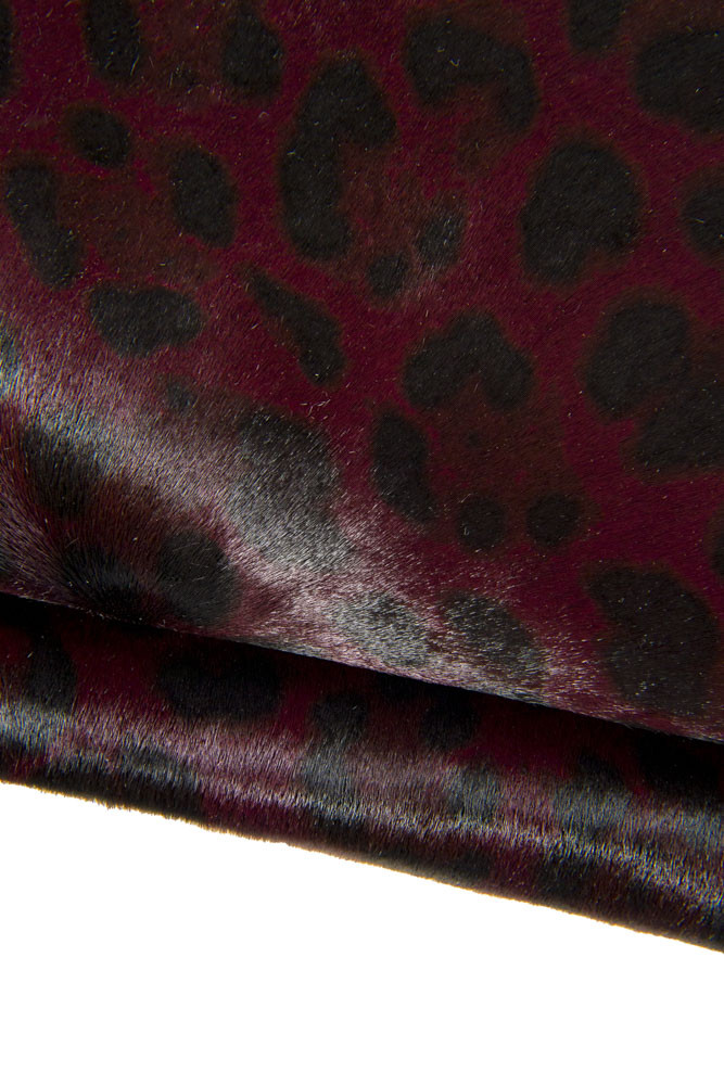 LEOPARD textured hair on leather hide, burgundy and black animal print on pony calfskin, luxurious cheetah printed cowhide