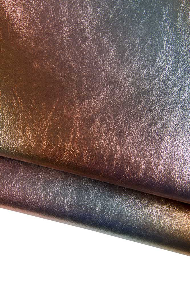 Original STRIPED metallic leather skin, orange light blue wrinkled goatskin, sparkle soft hide for elegant and vibrant projects