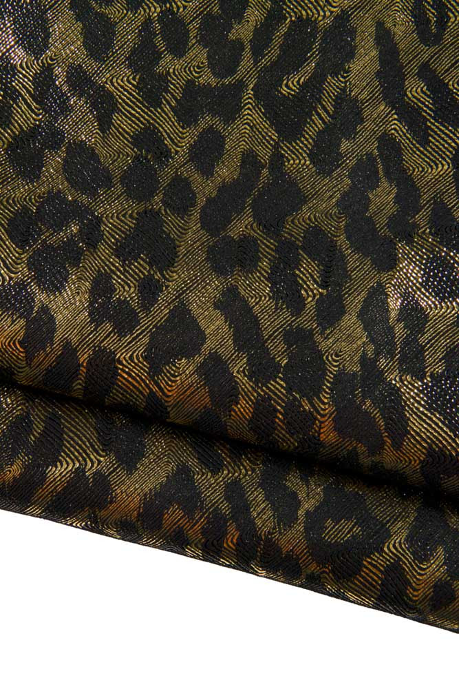 Pelle stampa LEOPARDO laminata, pellame metallizzato nero e oro disegno animalier ghepardo