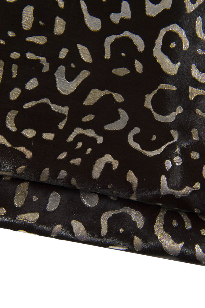 Hair on leather hide LEOPARD print, animal textured metallic pony calfskin luxurious italian cowhide for bags and wallets