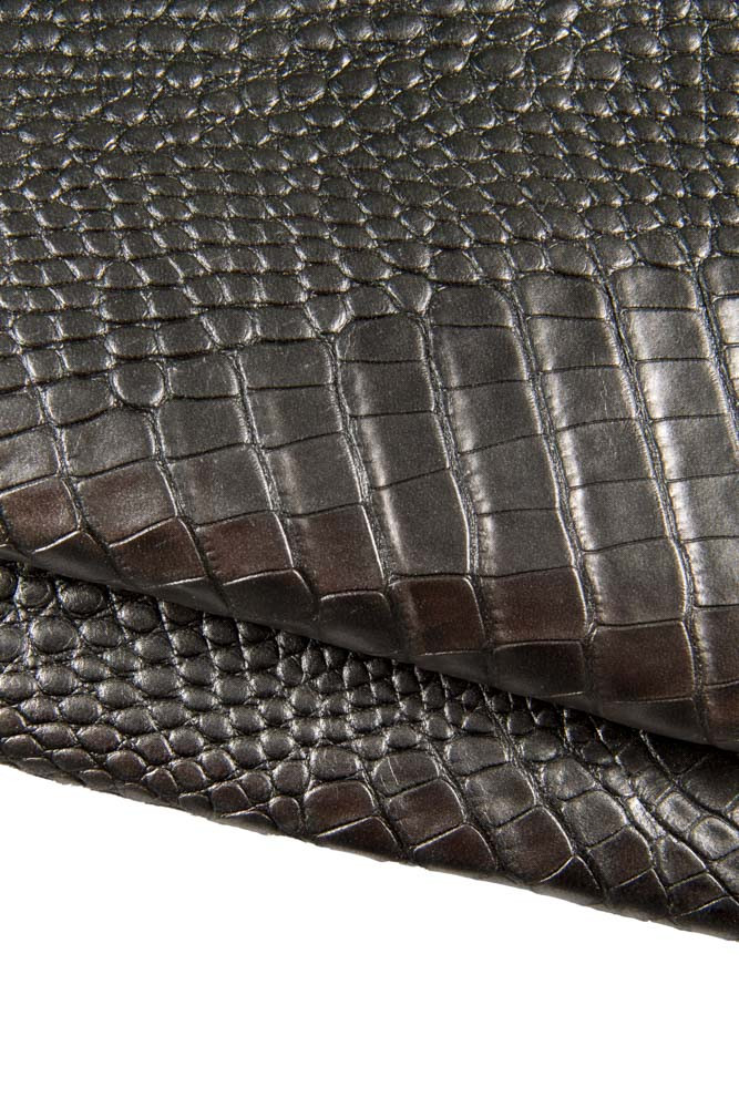 STEELMETAL crocodile embossed leather hide, alligator print on metallic hide, medium softness