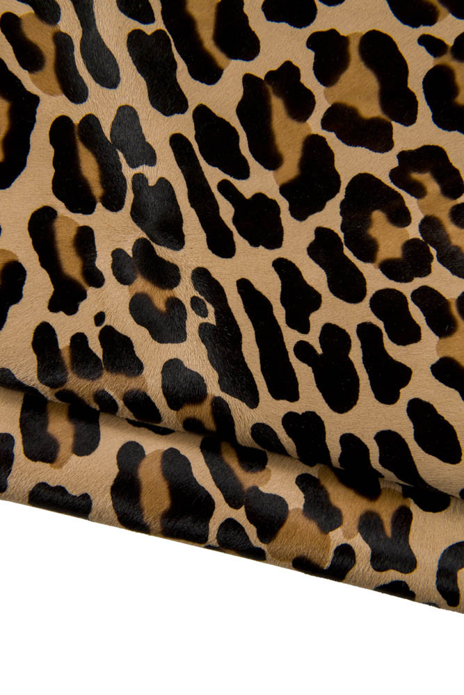 Beige CHEETAH textured hair on leather hide, animalier leopard printed pony calfskin, for DIY projects