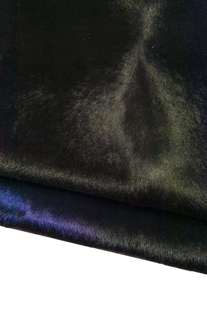 Blue purple IRIDESCENT hair on leather hide, unique luxurious metallic pony calfskin for crafting