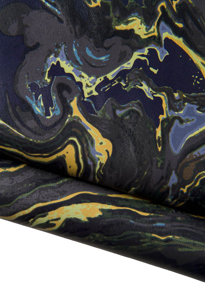 Blu grey yellow TEXTURED leather skin, abstract print on glossy soft sheepskin fantasy nappa hide