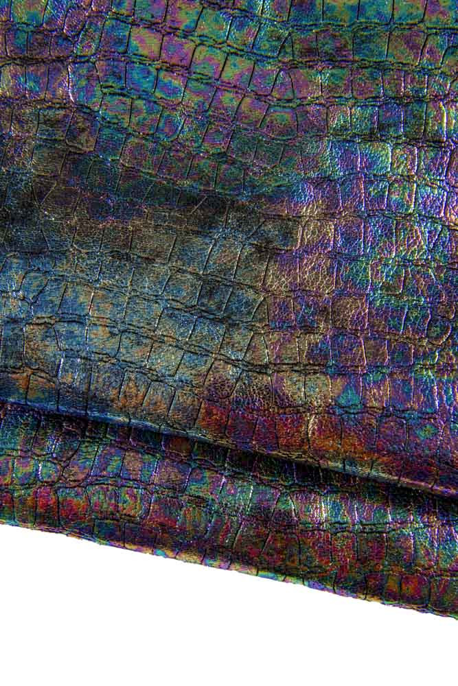 Holographic CROCODILE leather skin, iridescent croc embossed goatskin, luxurious metallic material