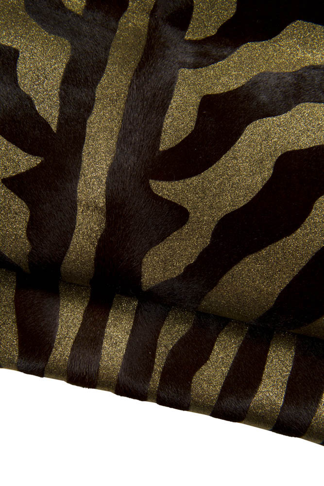 ZEBRA hair on hide, gold brown animal print on hairy cowhide, elegant pony leather for crafting